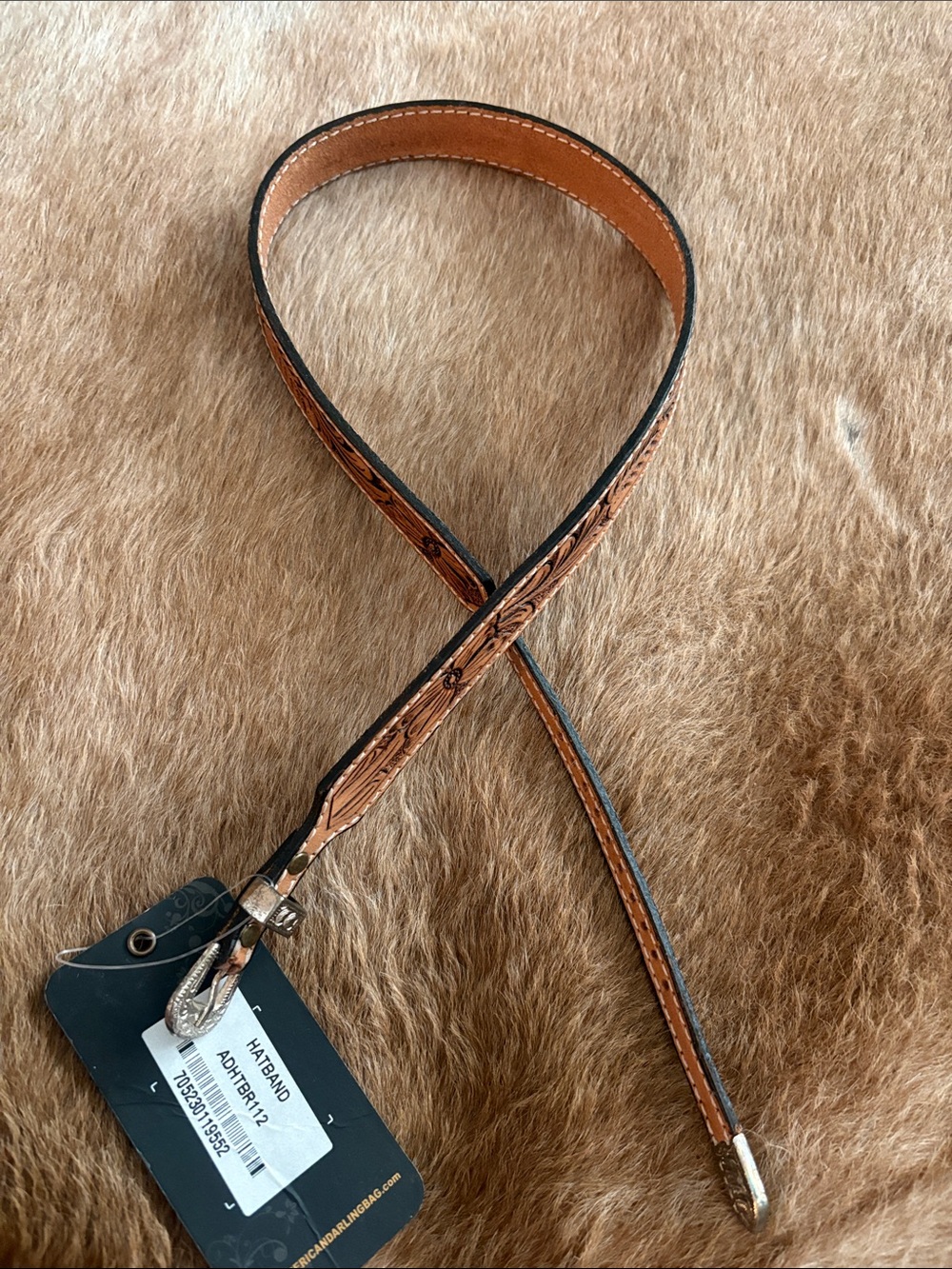 American Darling Brown Tooled Leather Hatband with Silver Accent